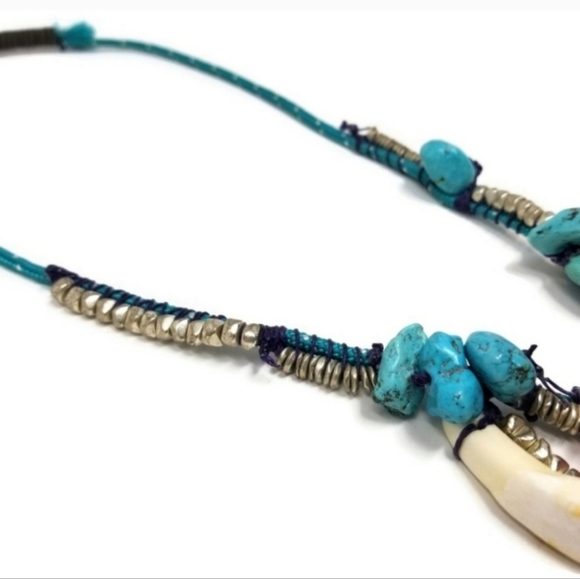 Handmade Tribal Turquoise Wood Silver Bead Bone Artisinal Necklace OOAK - Picture 8 of 14
